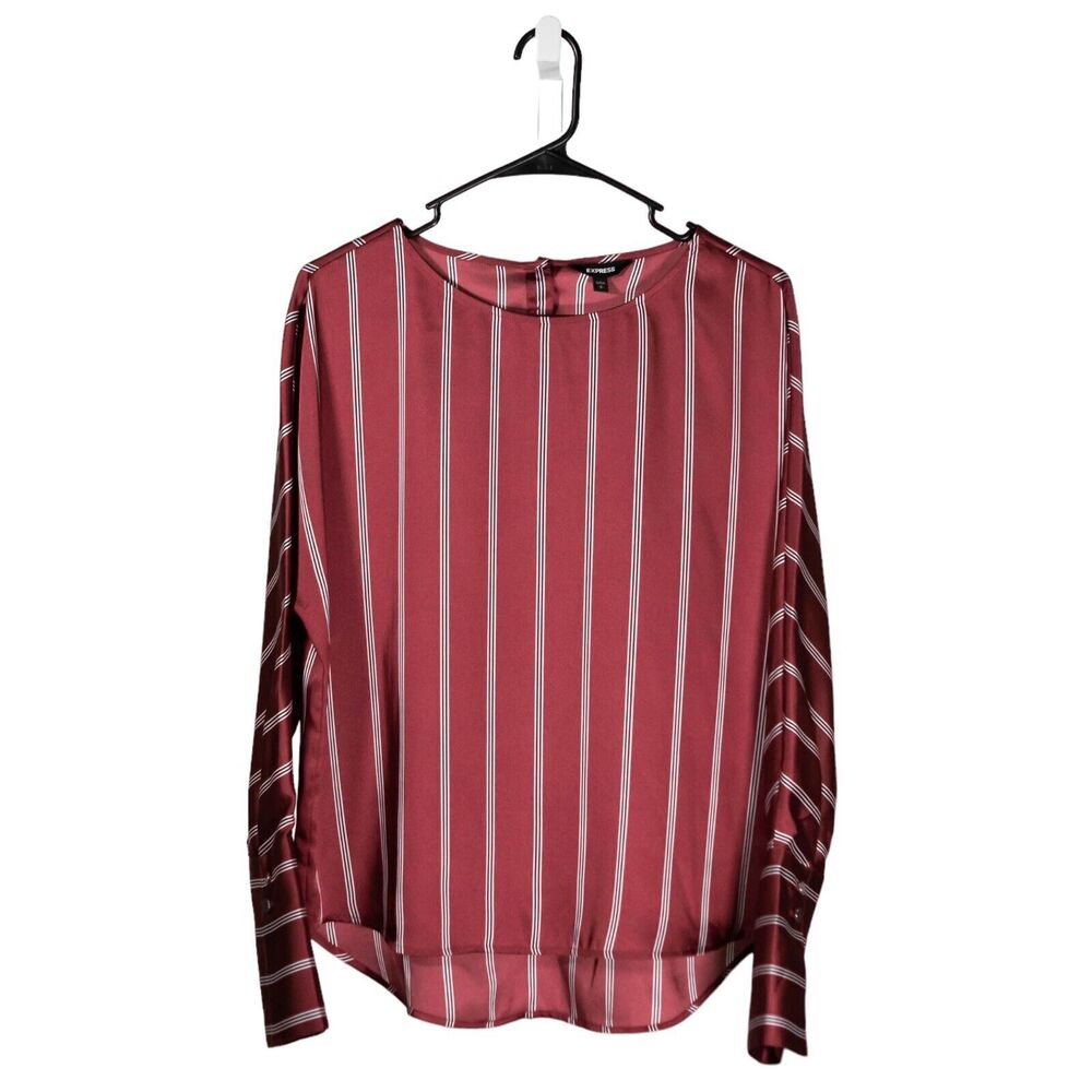 Express Women's Blouse Clay Red White Striped Satin Lightweight Oversized Top S